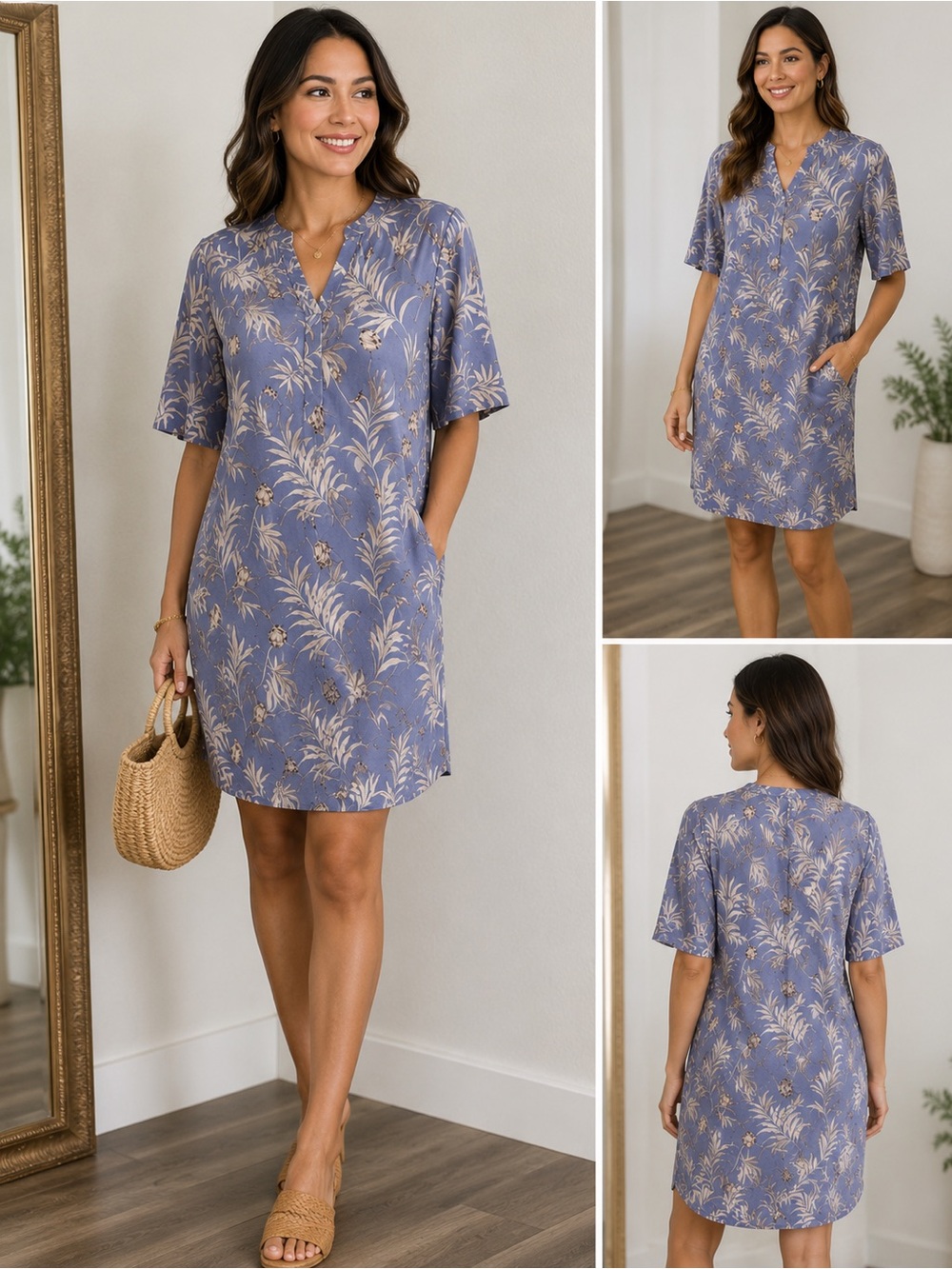 Blue Floral Short-Sleeve V-Neck Swim Coverup Dress